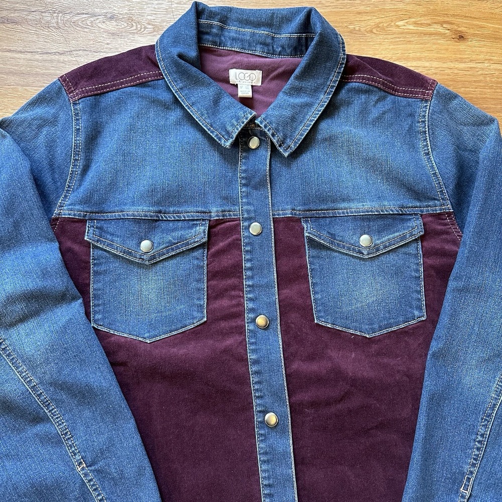 LOGO Lori Goldstein Denim Corduroy Jacket Womens 2X Cowboy Fringe Color Block - Picture 5 of 15